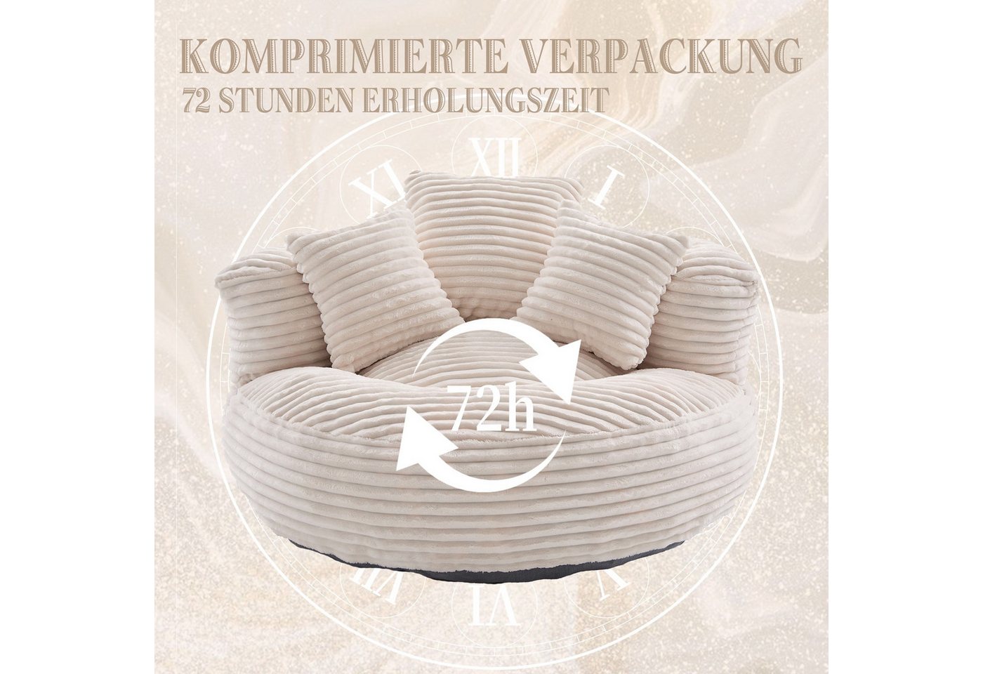 BlingBin Sitzsack Cordstoff-Sofa, Lazy Sofa (Sofa, 1 St., 108 x 108 x 52 cm), Mit drei Kissen, für Erwachsene und Kinder gleichermaßen geeignet – Bild 4 von 5