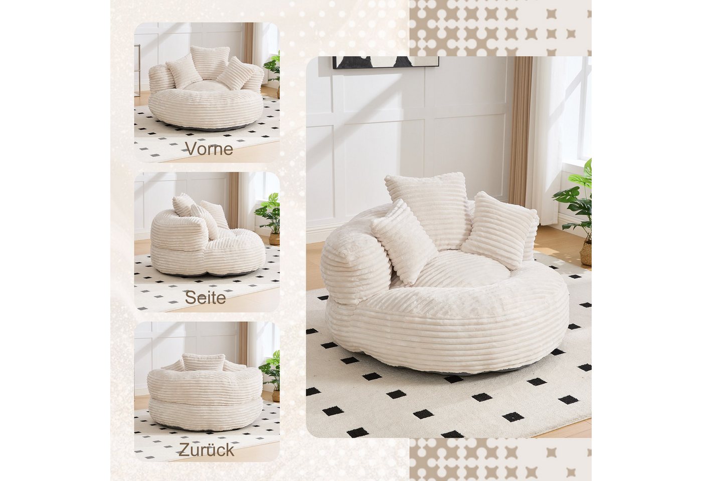 BlingBin Sitzsack Cordstoff-Sofa, Lazy Sofa (Sofa, 1 St., 108 x 108 x 52 cm), Mit drei Kissen, für Erwachsene und Kinder gleichermaßen geeignet – Bild 5 von 5