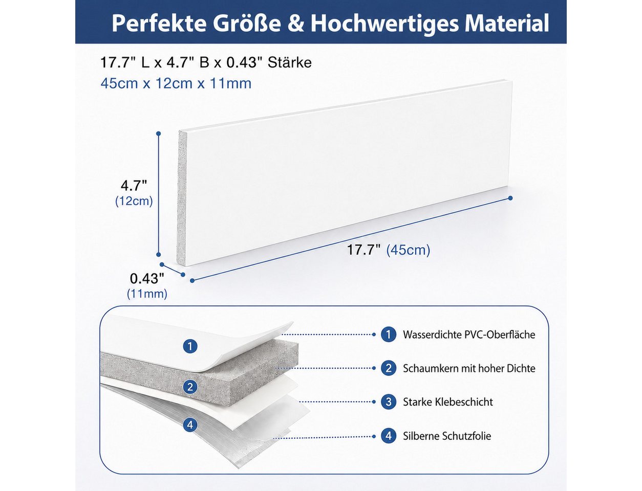 BlingBin Sockelleiste Selbstklebende, zuschneidbare Wandleiste mit PVC-Oberfläche, L: 45 cm, H: 12 cm, 5er Set, 5-St., 5 Stück, PVC Laminatleisten Fussleisten,  – Bild 2 von 5