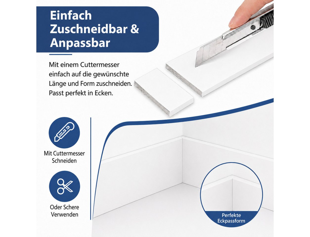BlingBin Sockelleiste Selbstklebende, zuschneidbare Wandleiste mit PVC-Oberfläche, L: 45 cm, H: 12 cm, 5er Set, 5-St., 5 Stück, PVC Laminatleisten Fussleisten,  – Bild 5 von 5