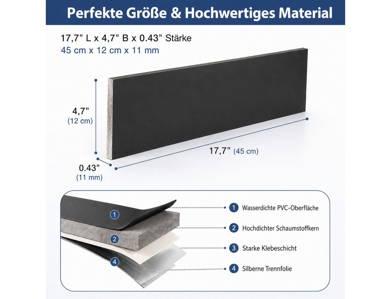 BlingBin Sockelleiste Selbstklebende, zuschneidbare Wandleiste mit PVC-Oberfläche, L: 45 cm, H: 12 cm, 10er Set, 10-St., 10 Stück, PVC Laminatleisten Fussleiste – Bild 2 von 5