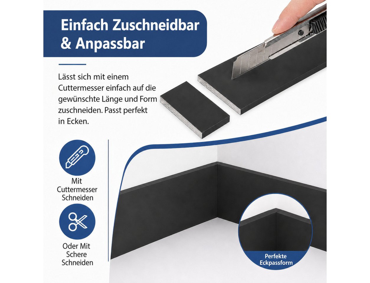 BlingBin Sockelleiste Selbstklebende, zuschneidbare Wandleiste mit PVC-Oberfläche, L: 45 cm, H: 12 cm, 5er Set, 5-St., 5 Stück, PVC Laminatleisten Fussleisten,  – Bild 4 von 5