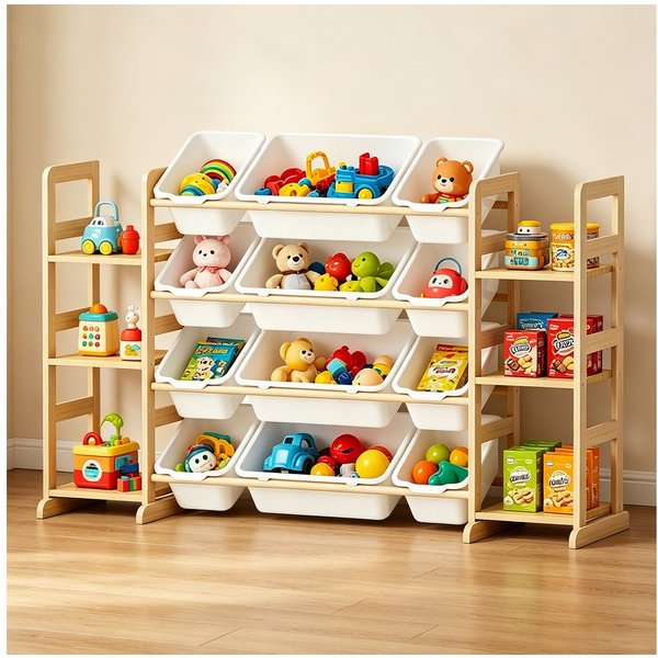 BlingBin Spielzeugtruhe Kinderregal, Spielzeugregal Bücherregal mit 12 Aufbewahrungsboxen (1er Set, 1 St., 133L x 34,5B x 80H cm), Kinder-Mülleimerregal, Spielz