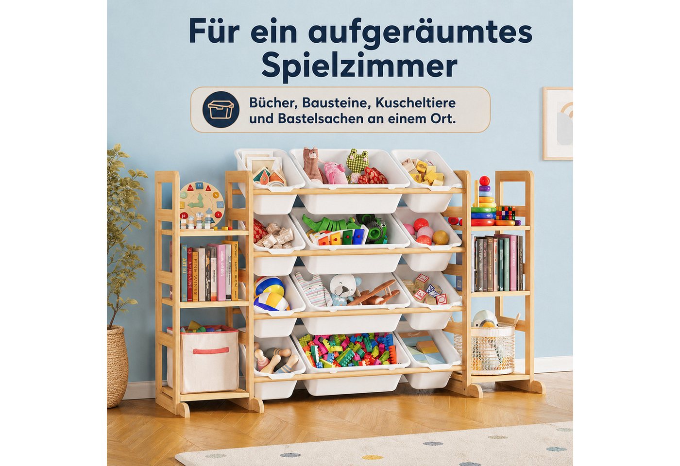 BlingBin Spielzeugtruhe Kinderregal, Spielzeugregal Bücherregal mit 12 Aufbewahrungsboxen (1er Set, 1 St., 133L x 34,5B x 80H cm), Kinder-Mülleimerregal, Spielz – Bild 2 von 5