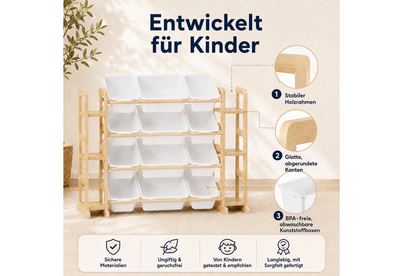 BlingBin Spielzeugtruhe Kinderregal, Spielzeugregal Bücherregal mit 12 Aufbewahrungsboxen (1er Set, 1 St., 133L x 34,5B x 80H cm), Kinder-Mülleimerregal, Spielz – Bild 3 von 5