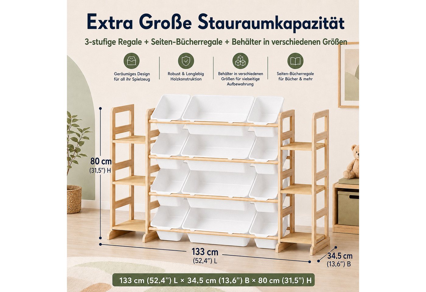 BlingBin Spielzeugtruhe Kinderregal, Spielzeugregal Bücherregal mit 12 Aufbewahrungsboxen (1er Set, 1 St., 133L x 34,5B x 80H cm), Kinder-Mülleimerregal, Spielz – Bild 4 von 5