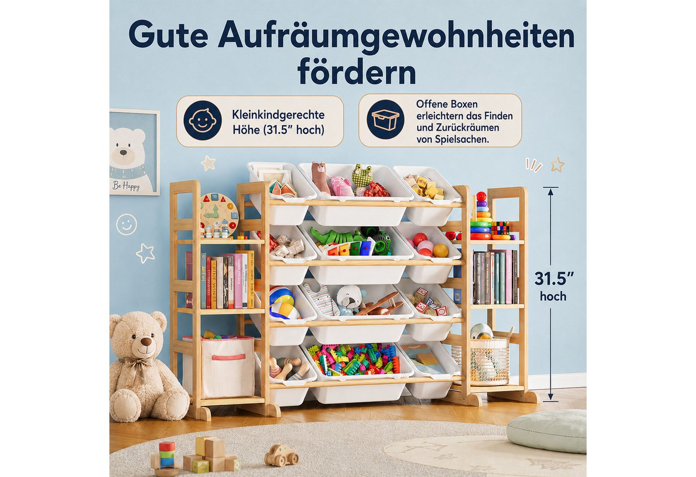 BlingBin Spielzeugtruhe Kinderregal, Spielzeugregal Bücherregal mit 12 Aufbewahrungsboxen (1er Set, 1 St., 133L x 34,5B x 80H cm), Kinder-Mülleimerregal, Spielz – Bild 5 von 5