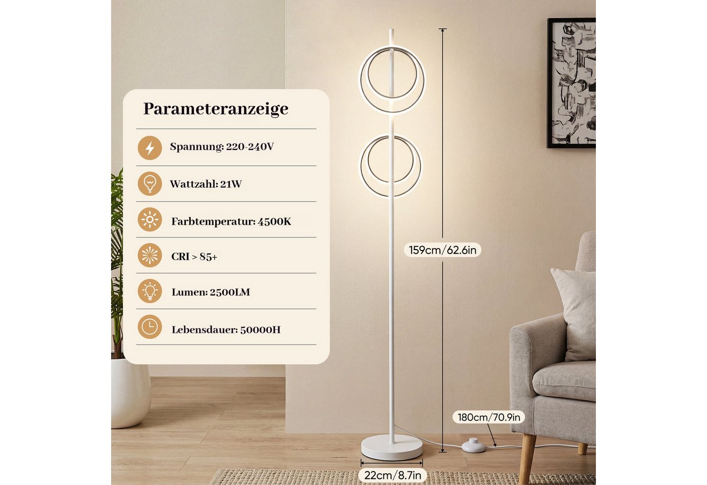 BlingBin Stehlampe LED Doppelring Standleuchte 21W, 4500K, LED Lampe 2500lm, LED fest integriert, Naturweiß, Wohnzimmerlampe mit Schalter für Schlafzimmer, Büro – Bild 3 von 5