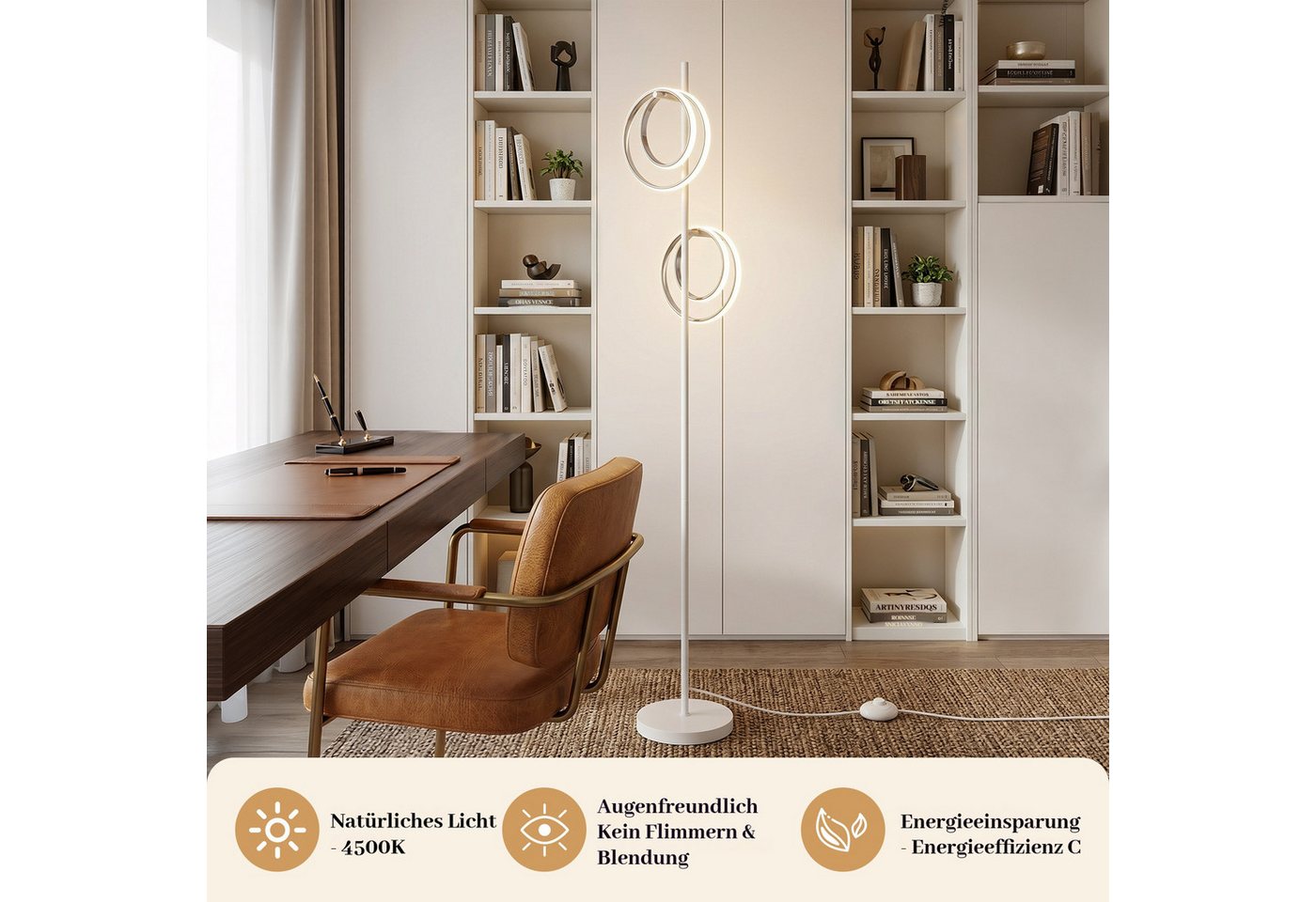 BlingBin Stehlampe LED Doppelring Standleuchte 21W, 4500K, LED Lampe 2500lm, LED fest integriert, Naturweiß, Wohnzimmerlampe mit Schalter für Schlafzimmer, Büro – Bild 5 von 5
