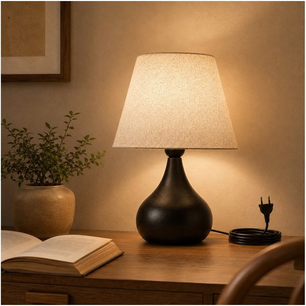 BlingBin Tischleuchte E27, schwarze Tischlampe mit beigefarbenem Leinenschirm moderne, max. 60 W, Ein-/Ausschalter, ohne Leuchtmittel, Kaltweiß, Warmweiß, Neutr
