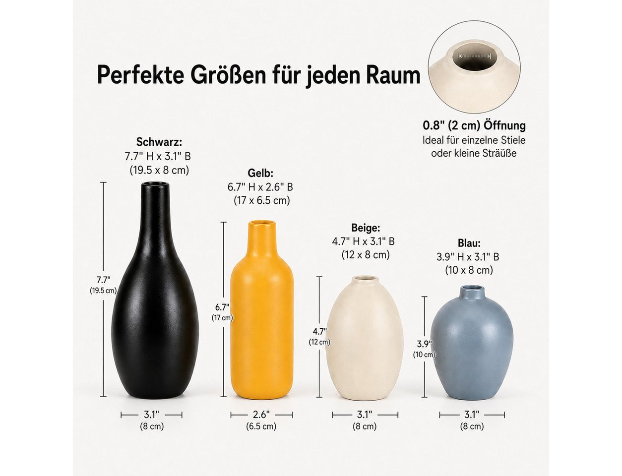 BlingBin Tischvase Keramik-Vasenset, Dekovasen, 4 Größen, für Tischdeko (4er-Set, 4 St., 4 Größen (H): 19,5 × 8 cm, 17 × 6,5 cm, 12 × 8 cm, 10 × 8 cm), 4 Farben – Bild 2 von 5