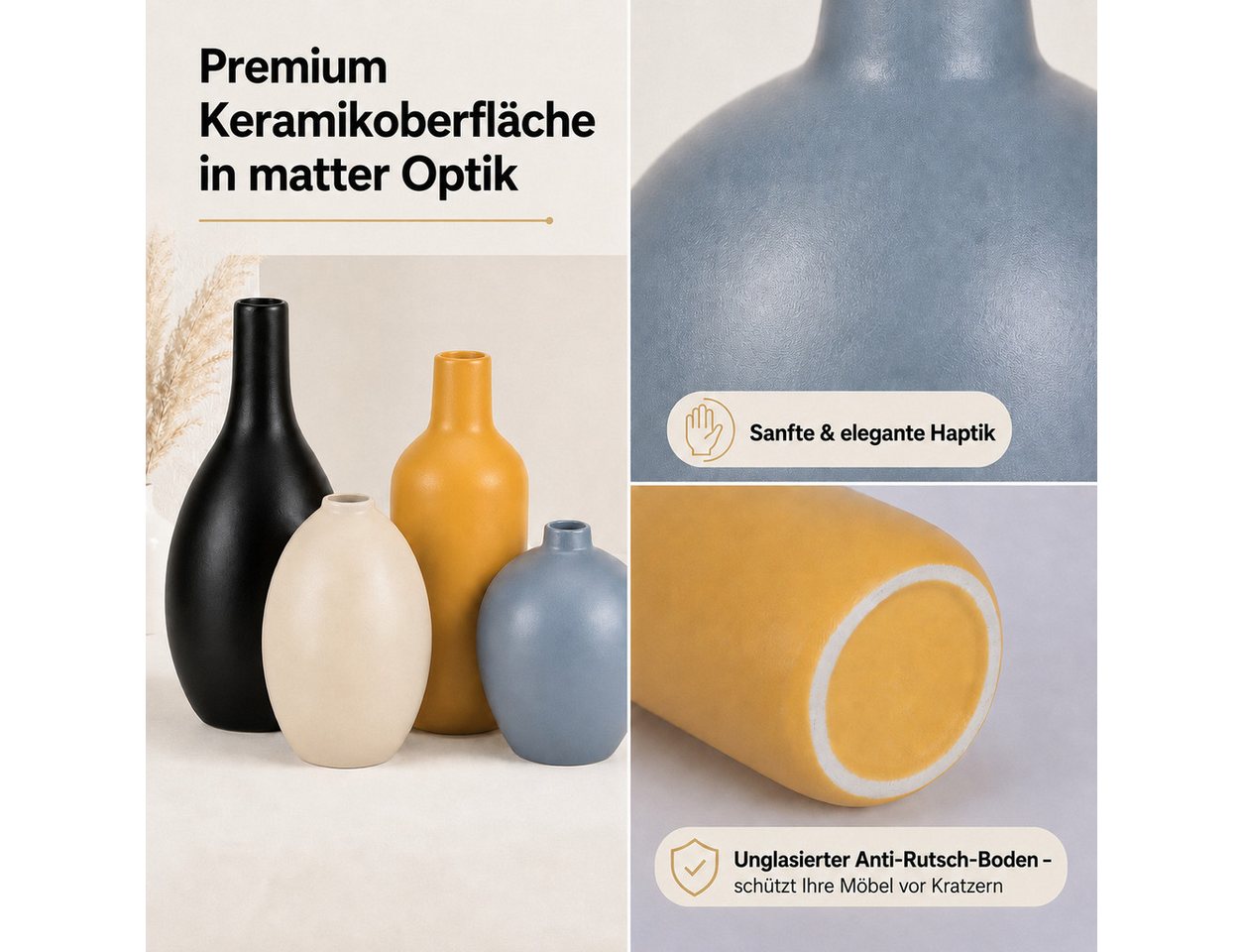 BlingBin Tischvase Keramik-Vasenset, Dekovasen, 4 Größen, für Tischdeko (4er-Set, 4 St., 4 Größen (H): 19,5 × 8 cm, 17 × 6,5 cm, 12 × 8 cm, 10 × 8 cm), 4 Farben – Bild 3 von 5