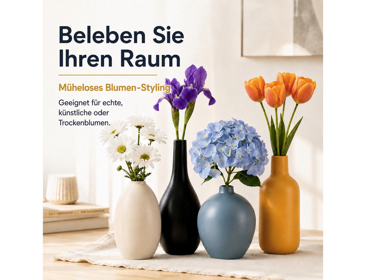 BlingBin Tischvase Keramik-Vasenset, Dekovasen, 4 Größen, für Tischdeko (4er-Set, 4 St., 4 Größen (H): 19,5 × 8 cm, 17 × 6,5 cm, 12 × 8 cm, 10 × 8 cm), 4 Farben – Bild 4 von 5