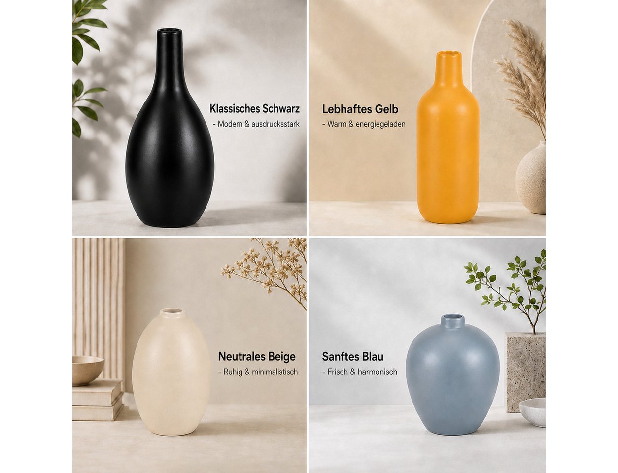 BlingBin Tischvase Keramik-Vasenset, Dekovasen, 4 Größen, für Tischdeko (4er-Set, 4 St., 4 Größen (H): 19,5 × 8 cm, 17 × 6,5 cm, 12 × 8 cm, 10 × 8 cm), 4 Farben – Bild 5 von 5