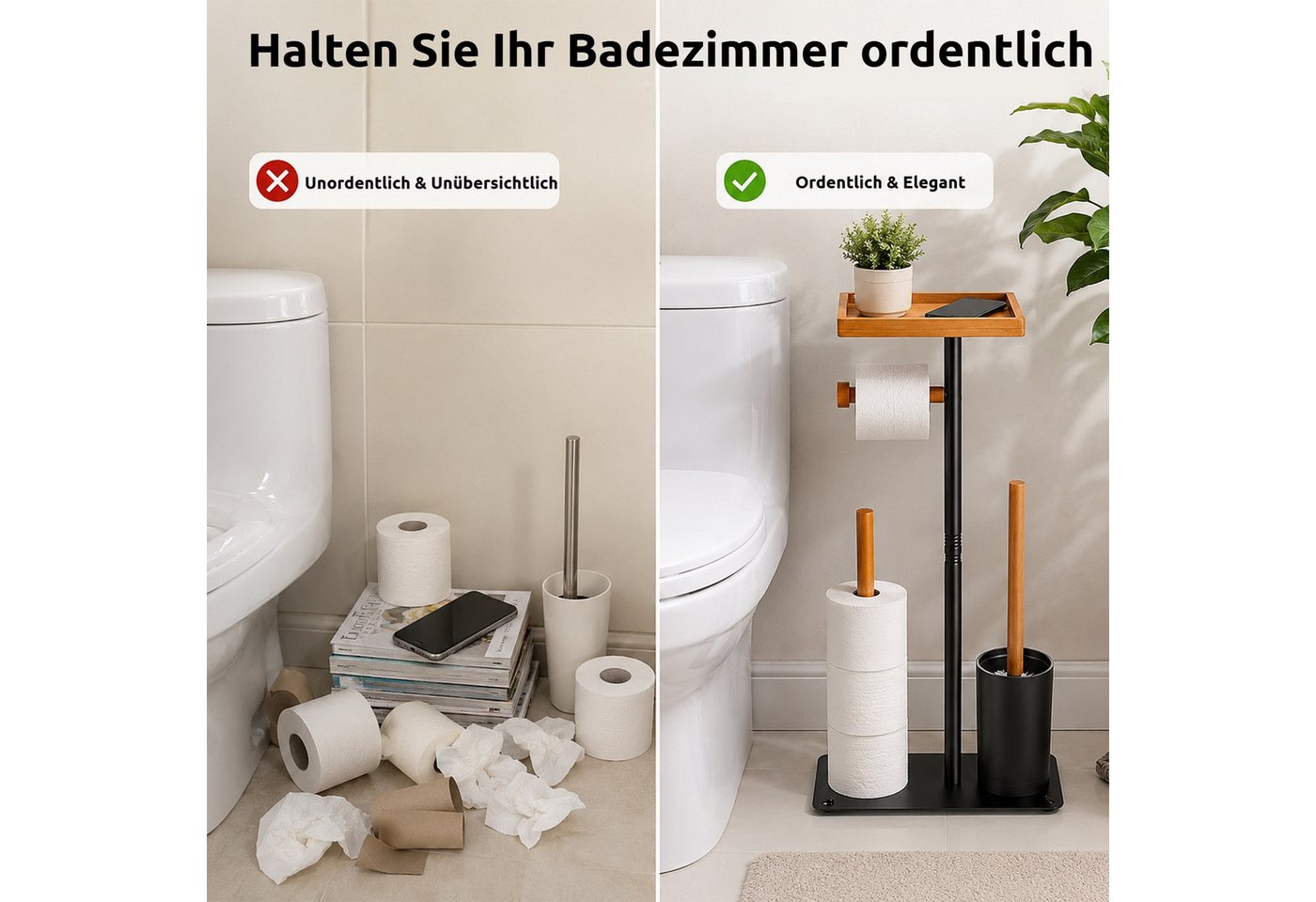 BlingBin Toilettenpapierhalter Stehender Toilettenpapierhalter aus Edelstahl mit oberer Ablage (1er Set, 1-St., 15 × 26 × 62 cm), Platz für 4 Ersatzrollen, ohne – Bild 3 von 5