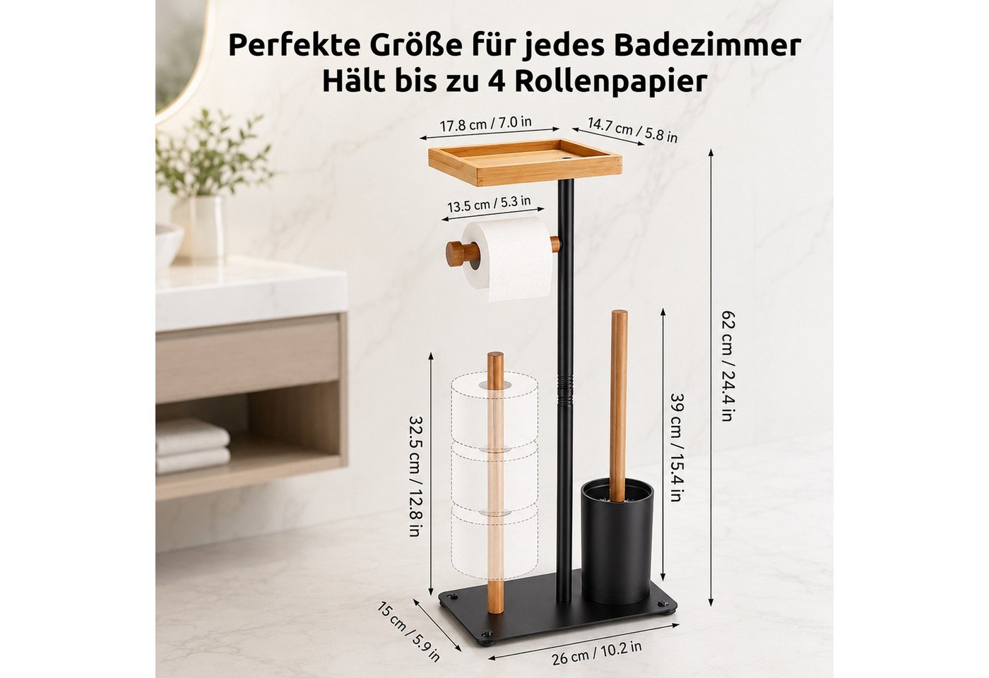 BlingBin Toilettenpapierhalter Stehender Toilettenpapierhalter aus Edelstahl mit oberer Ablage (1er Set, 1-St., 15 × 26 × 62 cm), Platz für 4 Ersatzrollen, ohne – Bild 4 von 5