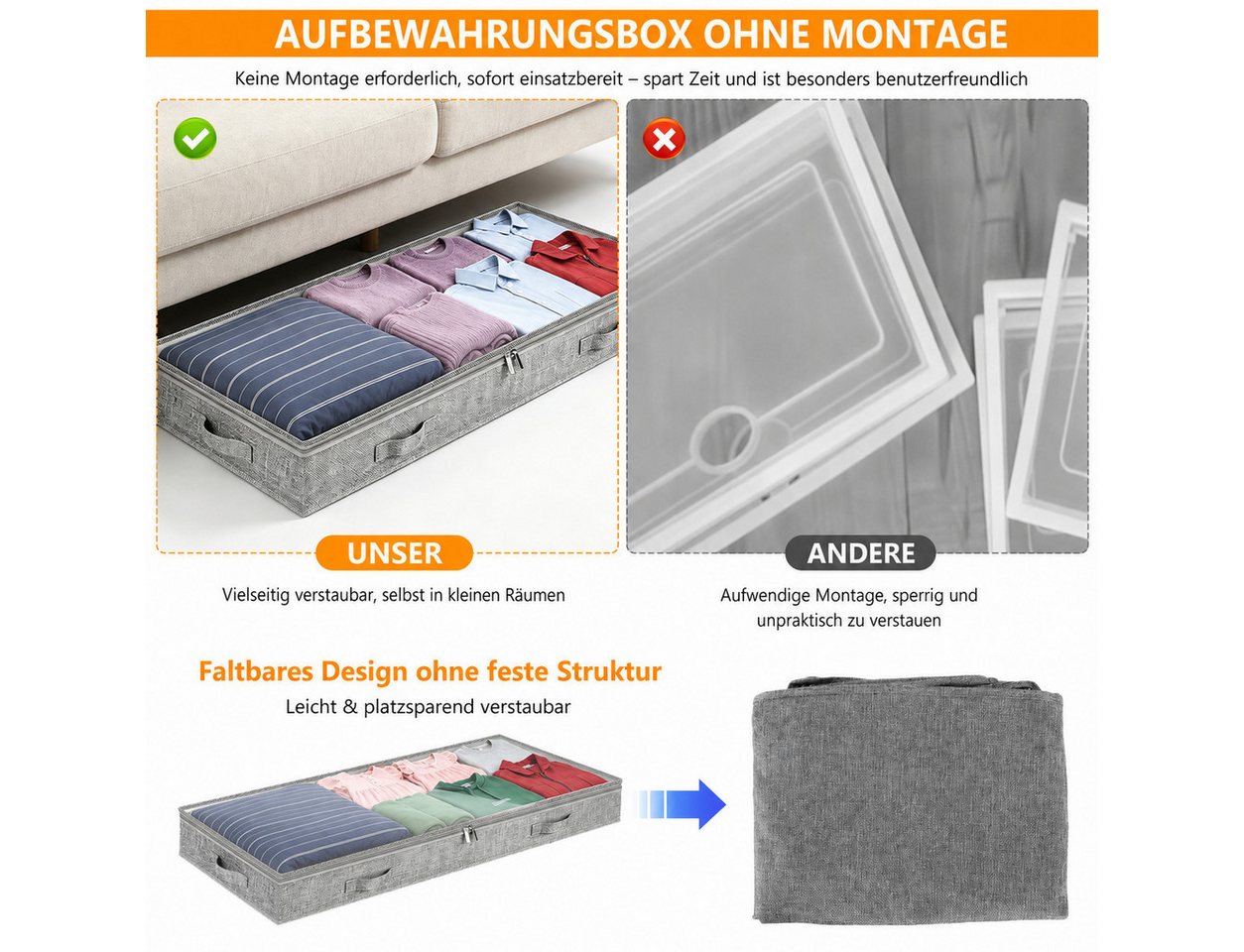 BlingBin Unterbettkommode Unterbett Aufbewahrungsbox, Unterbettkommode mit klarem Deckel (4er-Set, 4 St., 4 Stück Unterbett Aufbewahrung, 100 x 50 x 10 cm, 50L) – Bild 5 von 5