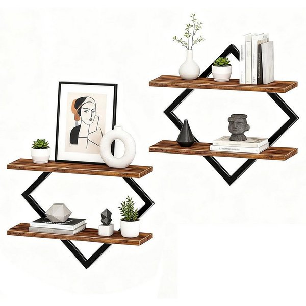 BlingBin Wandregal 2er-Set, Schweberegal, 2-stöckige Hängeregale, Wandboard, Regal 2-tlg., für Wohnzimmer, Schlafzimmer, Küche, Büro,Rustikales Braun und Schwar