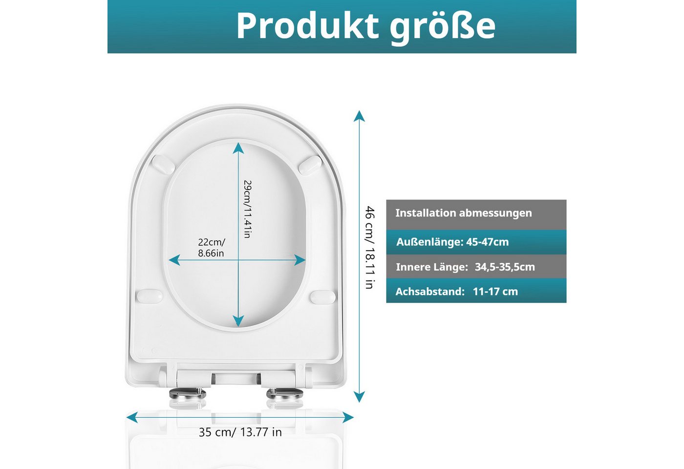 BlingBin WC-Sitz U-Form Toilettendeckel mit sanfter Absenkautomatik & Schnellverschluss (1 Stück, 1-St., 35x46cm), für einfache Reinigung, robust, einfache Mont – Bild 2 von 5