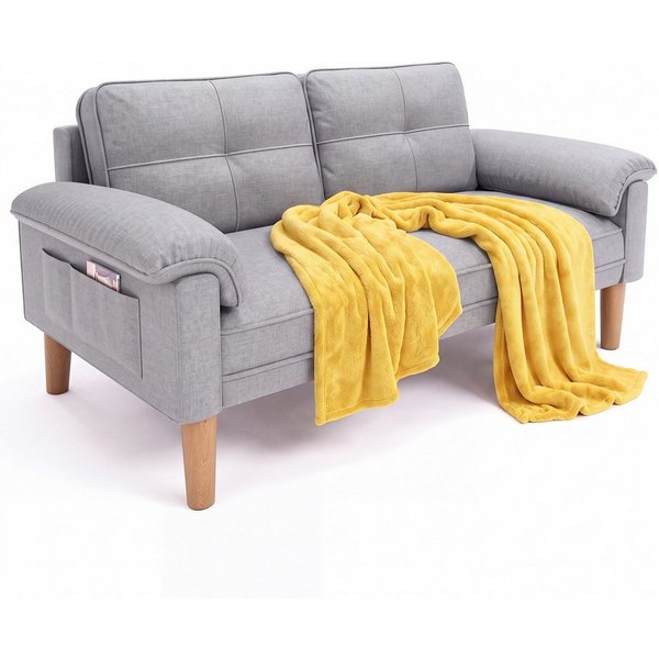 Blishom 2-Sitzer Kompaktsofa im Skandi-Stil mit Seitentaschen, 145 x 77 x 77 cm, Geeignet für kleine Apartments / Schlafzimmer., Leinenbezug und Holzfüße - idea