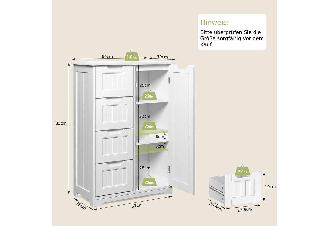 Blishom Badkommode Küchenschrank mit 4 Schubladen Vorratsschrank, 60 x 30 x 85 cm, Schmale Hochkommode für Badezimmer, Küche – Bild 2 von 5