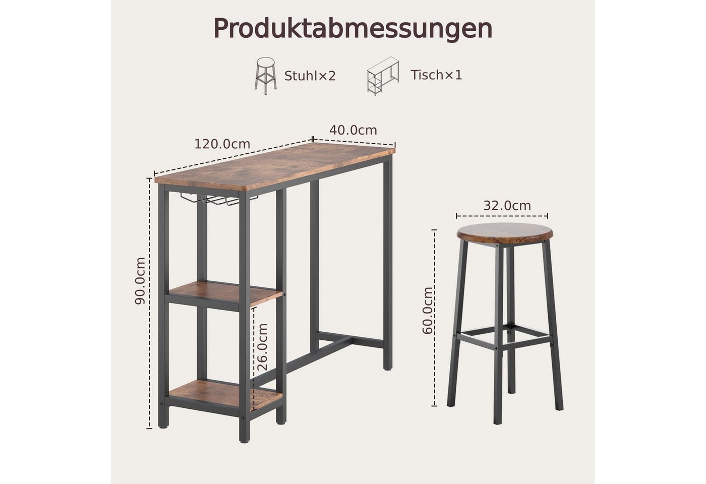 Blishom Bartisch Essgruppe mit 2 Barhockern, Küchentisch für Küche & Esszimmer, Das Weinregal ist zerlegbar, 120 x 40 x 90 cm – Bild 2 von 5