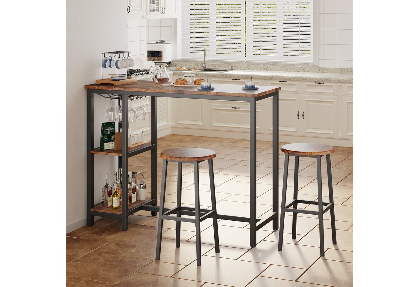 Blishom Bartisch Essgruppe mit 2 Barhockern, Küchentisch für Küche & Esszimmer, Das Weinregal ist zerlegbar, 120 x 40 x 90 cm – Bild 3 von 5