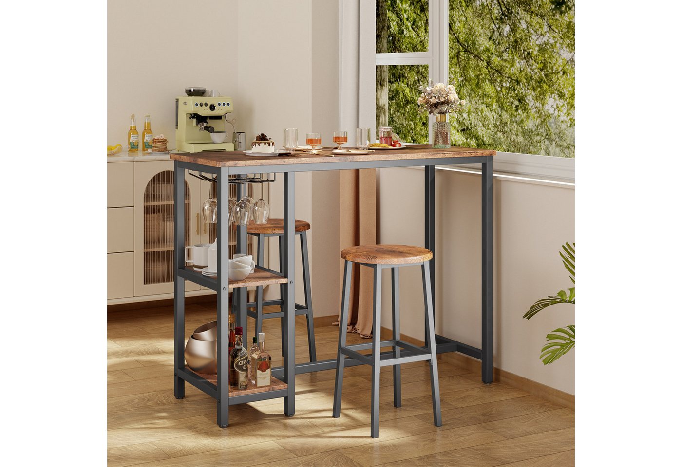 Blishom Bartisch Essgruppe mit 2 Barhockern, Küchentisch für Küche & Esszimmer, Das Weinregal ist zerlegbar, 120 x 40 x 90 cm – Bild 4 von 5