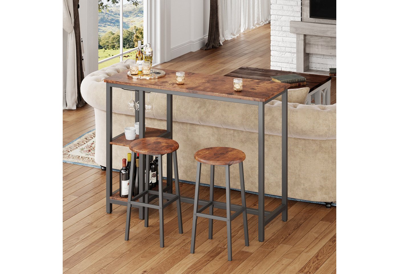Blishom Bartisch Essgruppe mit 2 Barhockern, Küchentisch für Küche & Esszimmer, Das Weinregal ist zerlegbar, 120 x 40 x 90 cm – Bild 5 von 5