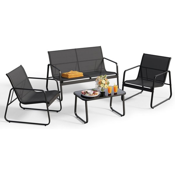 Blishom Gartenlounge-Set 4-tlg. Garten-Sitzgruppe, Balkonmöbel Sitzgruppe, 2 Einzelsessel, 2-Sitzer Gartenbank, Glas-Beistelltisch, wetterfest