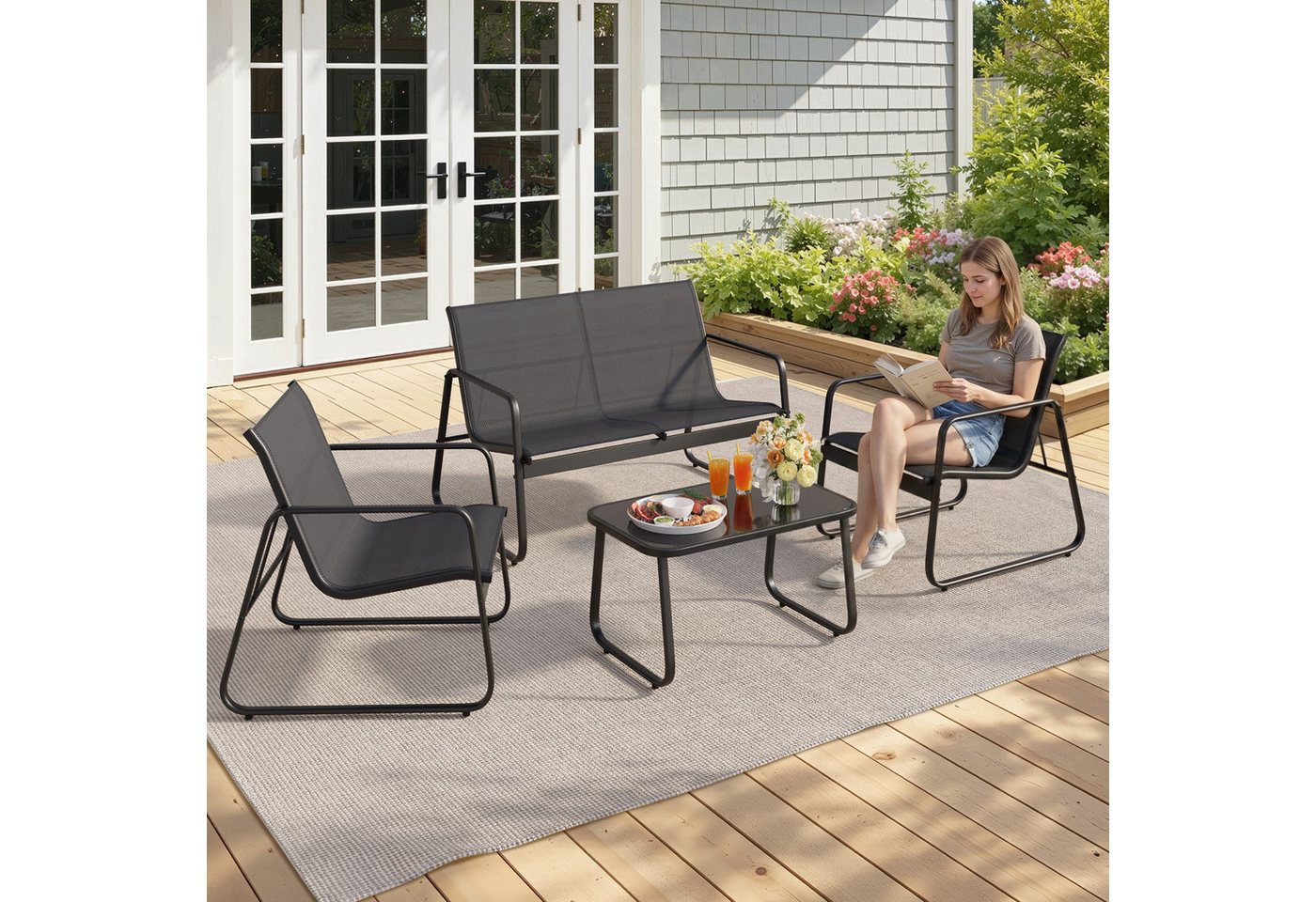 Blishom Gartenlounge-Set 4-tlg. Garten-Sitzgruppe, Balkonmöbel Sitzgruppe, 2 Einzelsessel, 2-Sitzer Gartenbank, Glas-Beistelltisch, wetterfest – Bild 2 von 5