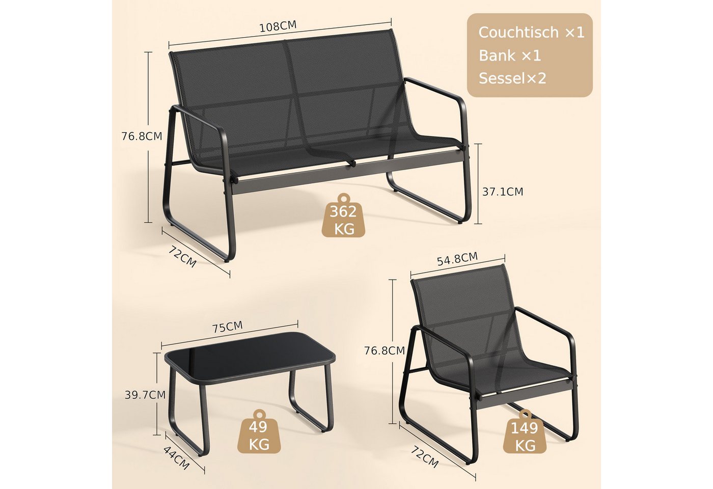 Blishom Gartenlounge-Set 4-tlg. Garten-Sitzgruppe, Balkonmöbel Sitzgruppe, 2 Einzelsessel, 2-Sitzer Gartenbank, Glas-Beistelltisch, wetterfest – Bild 3 von 5