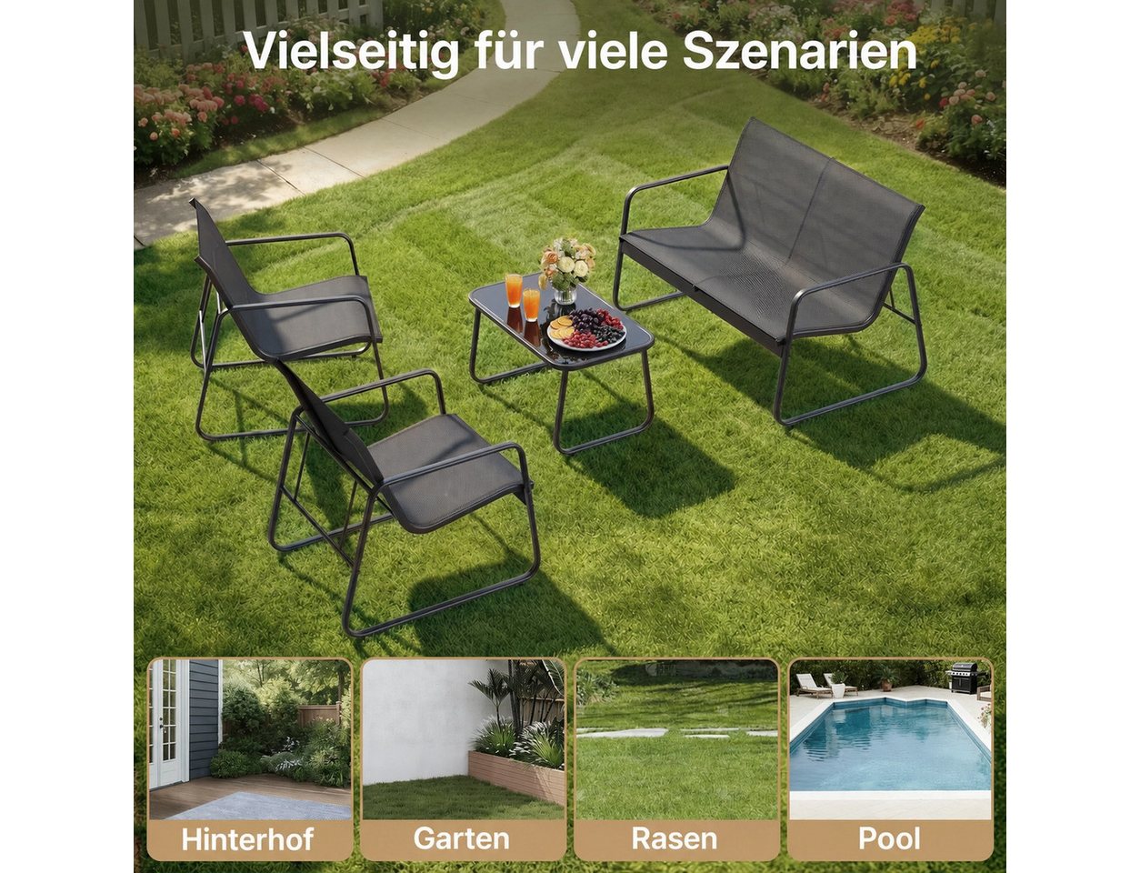 Blishom Gartenlounge-Set 4-tlg. Garten-Sitzgruppe, Balkonmöbel Sitzgruppe, 2 Einzelsessel, 2-Sitzer Gartenbank, Glas-Beistelltisch, wetterfest – Bild 4 von 5