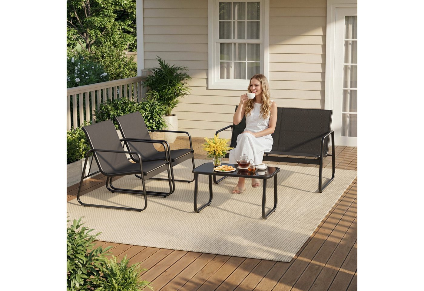 Blishom Gartenlounge-Set 4-tlg. Garten-Sitzgruppe, Balkonmöbel Sitzgruppe, 2 Einzelsessel, 2-Sitzer Gartenbank, Glas-Beistelltisch, wetterfest – Bild 5 von 5