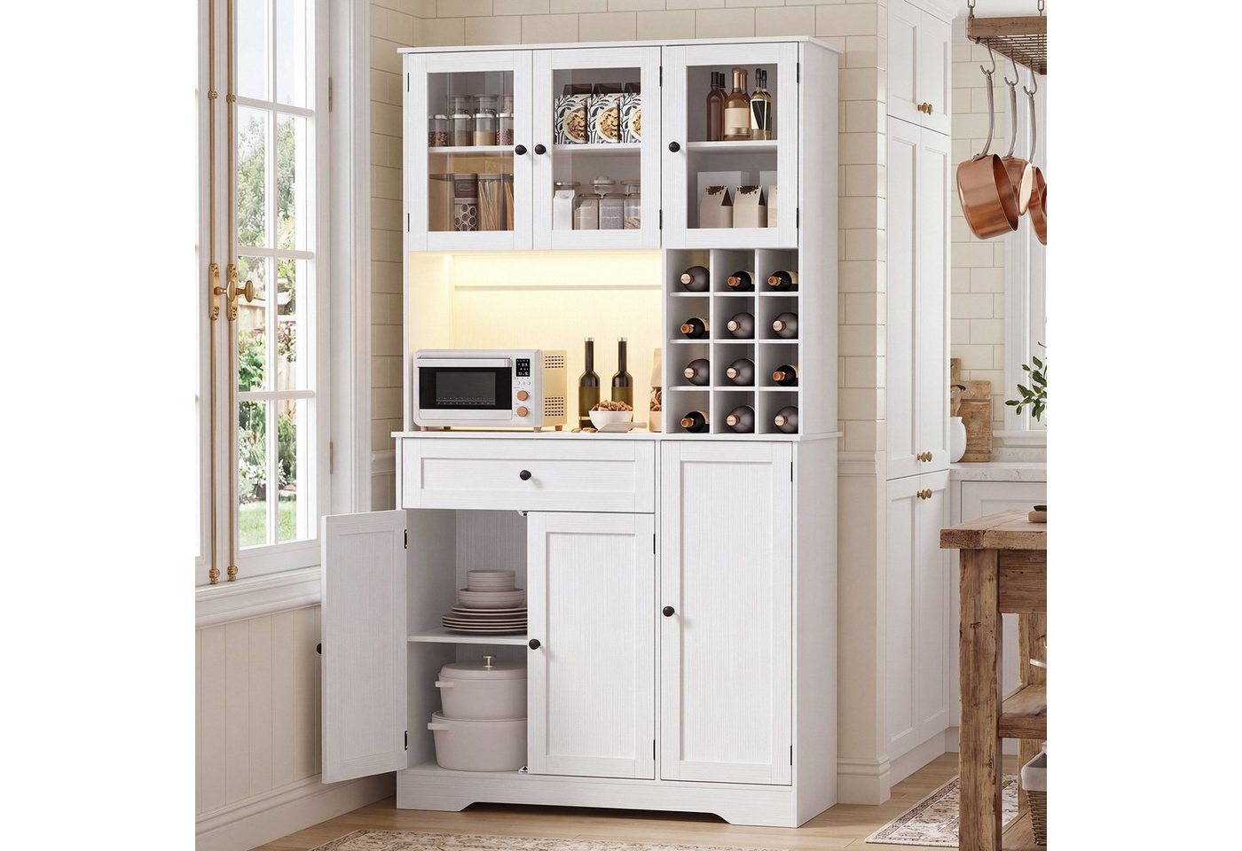 Blishom Küchenbuffet Küchenbuffet mit LED-Beleuchtung, Steckdosenfeld und Weinregal Verstellbare Einlegeböden, abnehmbares Weinregal und magnetische Türen – Bild 2 von 5