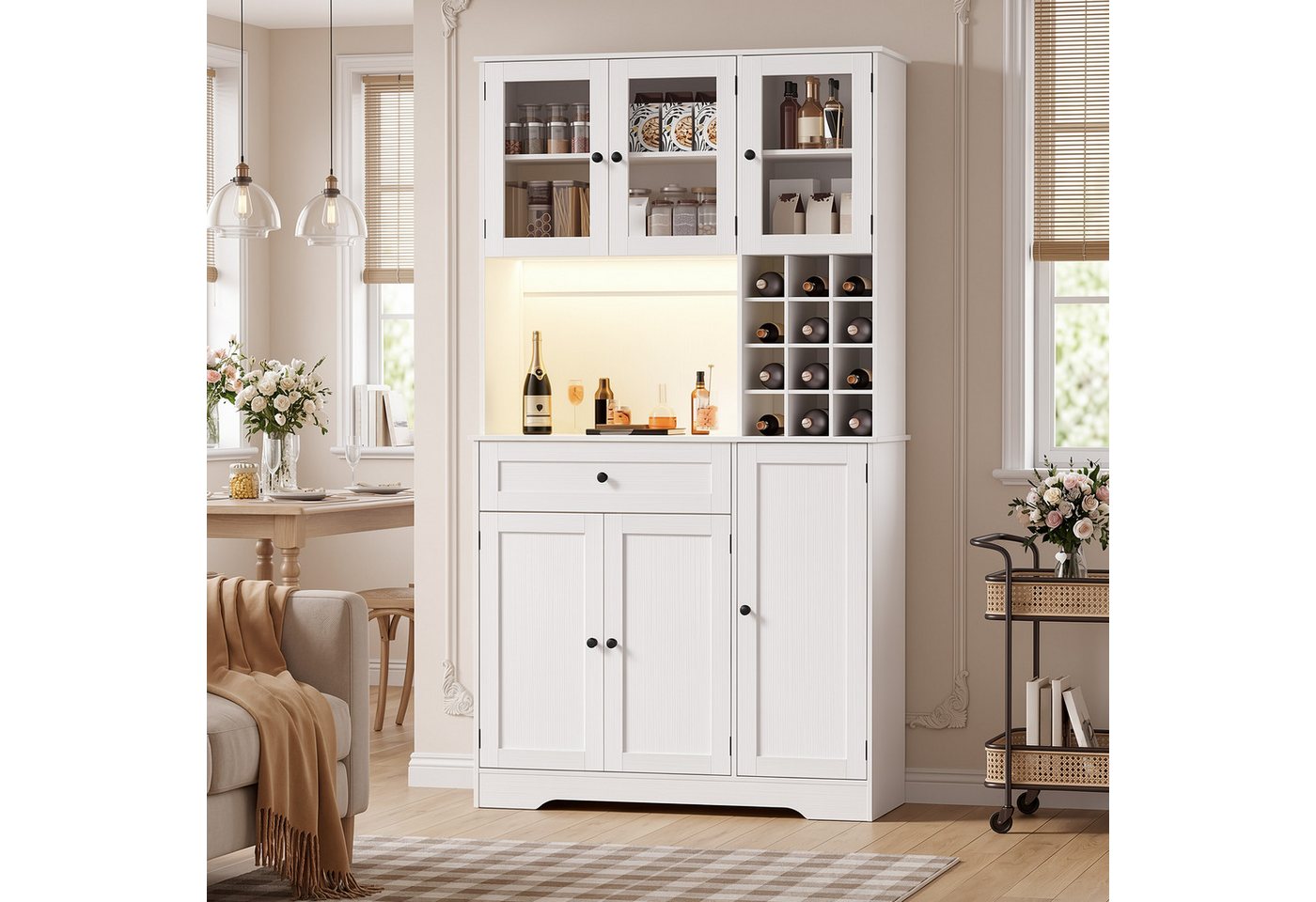 Blishom Küchenbuffet Küchenbuffet mit LED-Beleuchtung, Steckdosenfeld und Weinregal Verstellbare Einlegeböden, abnehmbares Weinregal und magnetische Türen – Bild 3 von 5