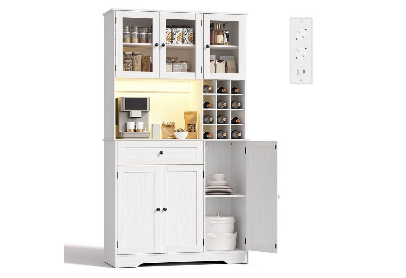 Blishom Küchenbuffet Küchenbuffet mit LED-Beleuchtung, Steckdosenfeld und Weinregal Verstellbare Einlegeböden, abnehmbares Weinregal und magnetische Türen – Bild 4 von 5