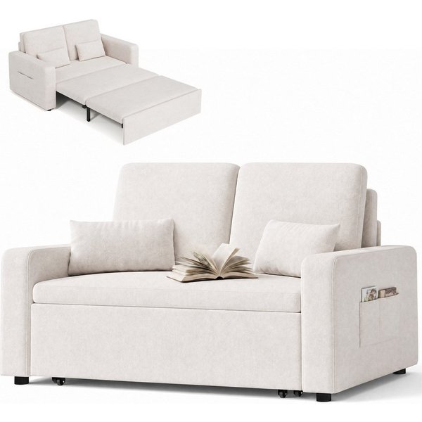 Blishom Schlafsofa 2-Sitzer-Schlafsofa aus Velours, ausziehbar, Liegefläche 117 x 196 cm, Mit Seitentaschen und zwei Zierkissen für Wohn- und Gästezimmer
