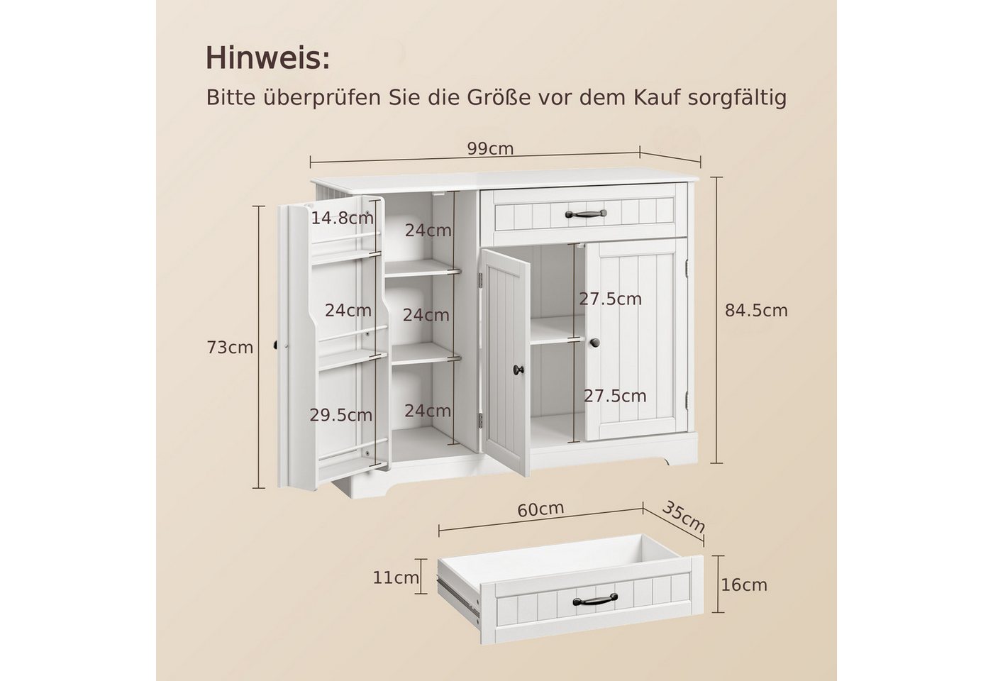 Blishom Sideboard Küchen-Sideboard mit 1 Schublade, 3 Türen und Türablagen, Zusätzliche Fächer für Gewürze, Vorräte und Küchenzubehör – Bild 2 von 5