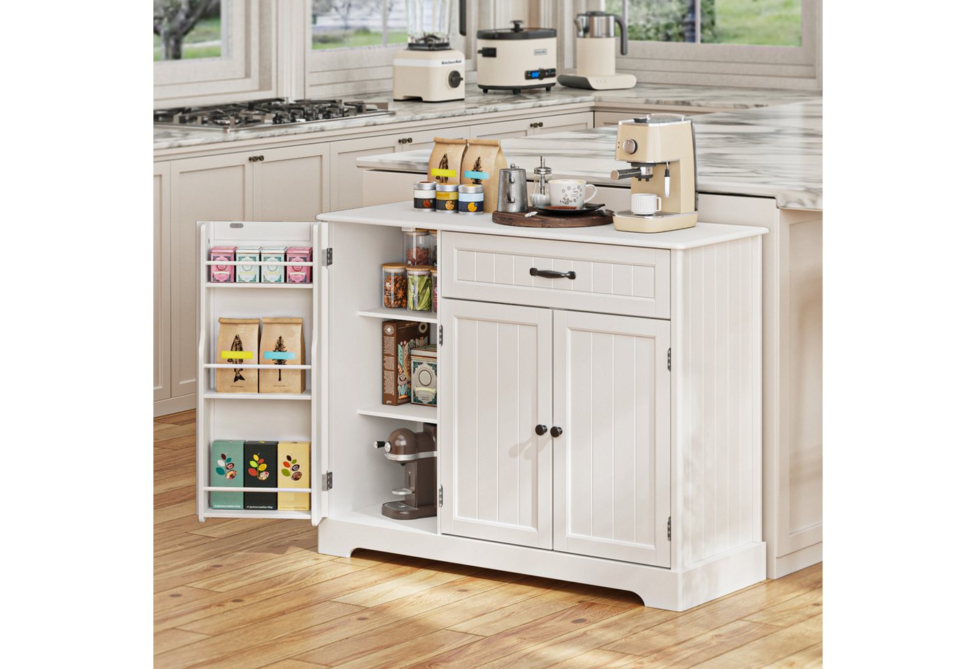 Blishom Sideboard Küchen-Sideboard mit 1 Schublade, 3 Türen und Türablagen, Zusätzliche Fächer für Gewürze, Vorräte und Küchenzubehör – Bild 4 von 5