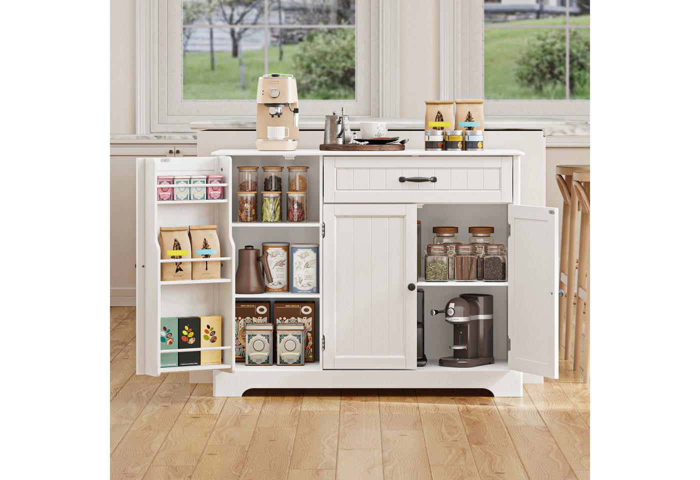 Blishom Sideboard Küchen-Sideboard mit 1 Schublade, 3 Türen und Türablagen, Zusätzliche Fächer für Gewürze, Vorräte und Küchenzubehör – Bild 5 von 5