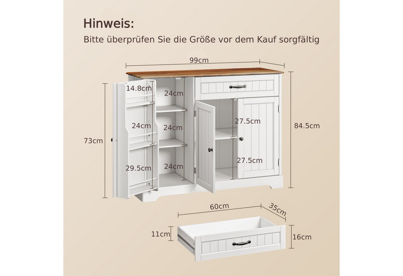 Blishom Sideboard Küchen-Sideboard mit 1 Schublade, 3 Türen und Türablagen, Zusätzliche Fächer für Gewürze, Vorräte und Küchenzubehör – Bild 2 von 5