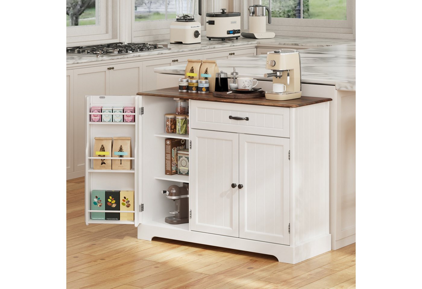 Blishom Sideboard Küchen-Sideboard mit 1 Schublade, 3 Türen und Türablagen, Zusätzliche Fächer für Gewürze, Vorräte und Küchenzubehör – Bild 4 von 5