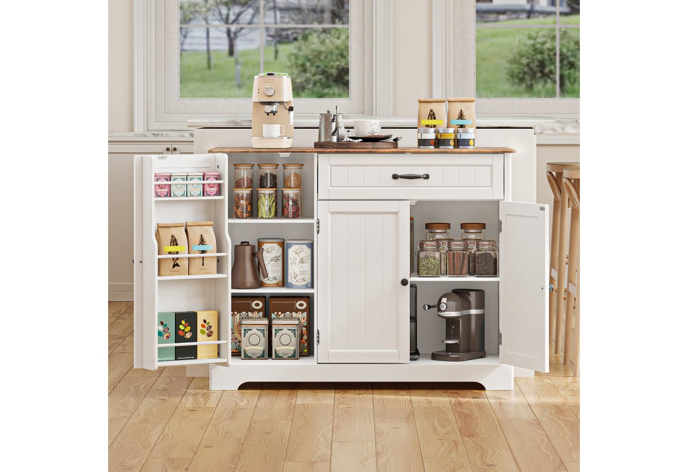Blishom Sideboard Küchen-Sideboard mit 1 Schublade, 3 Türen und Türablagen, Zusätzliche Fächer für Gewürze, Vorräte und Küchenzubehör – Bild 5 von 5