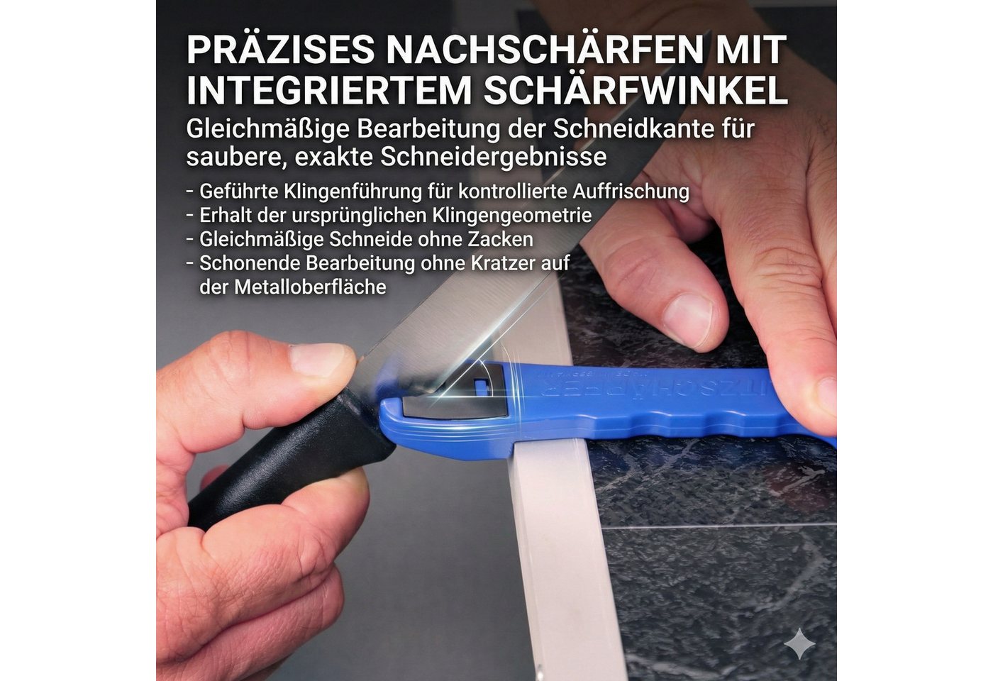 BLITZSCHÄRFER MADE IN GERMANY Messerschärfer Messerschleifer Scherenschleifer manuell tragbar, Hochwertige 4-fach wendbare Schärfeinsätze aus Hartmetall – Bild 2 von 5