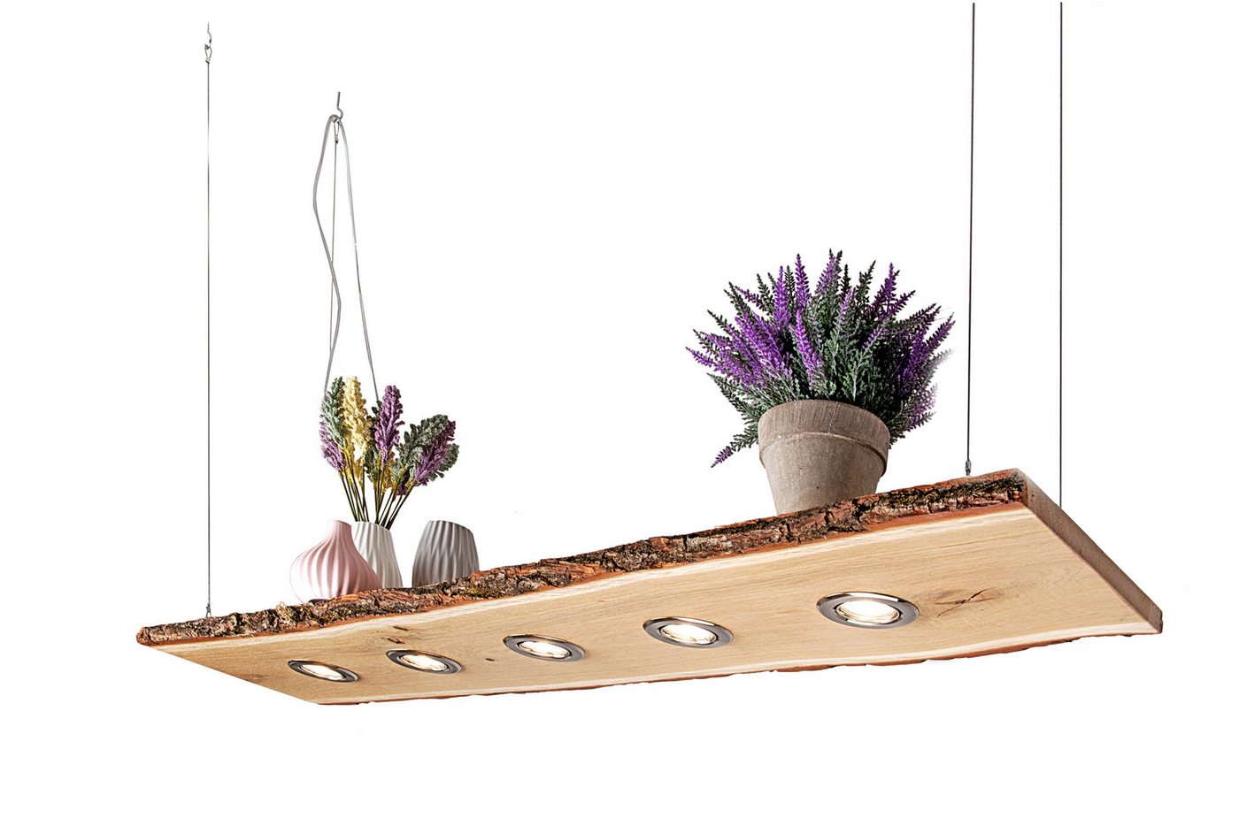 Blockholz-Schmiede Hängeleuchte Eiche mit Rinde 80cm - 120cm Smart Home, LED wechselbar, Warmweiß – Bild 3 von 5