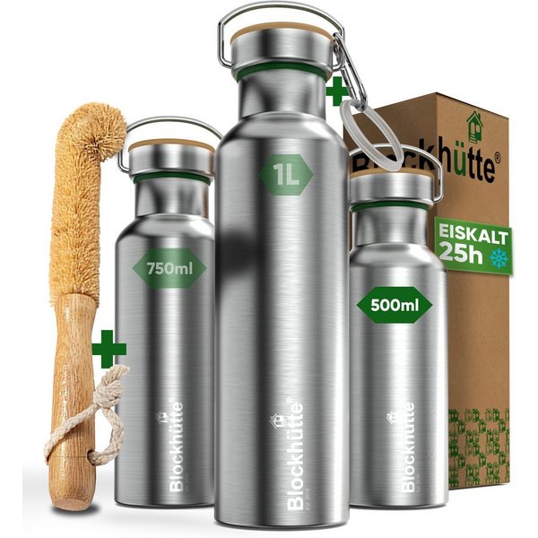 Blockhütte Isolierflasche mit Bambusdeckel - Trinkflasche auslaufsicher - Trinkflasche Edelstahl, 13 Stunden heiß, 25 Stunden kalt