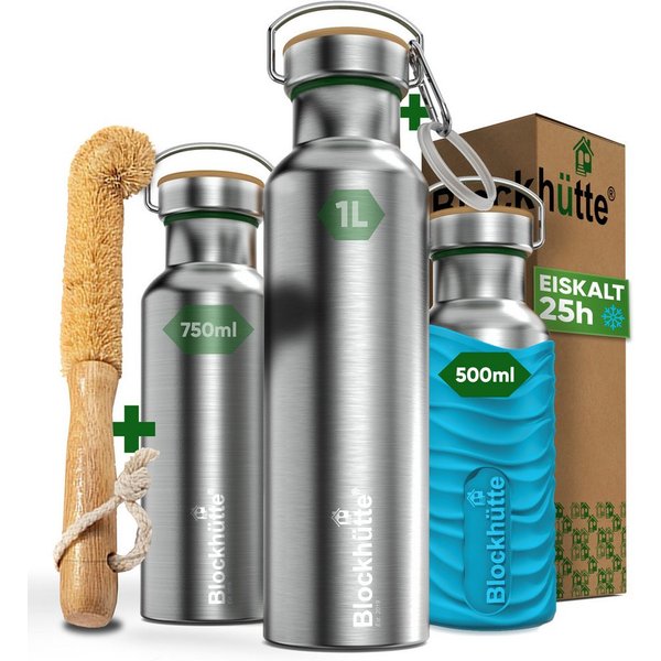Blockhütte Isolierflasche mit Bambusdeckel - Trinkflasche auslaufsicher - Trinkflasche Edelstahl, 13 Stunden heiß, 25 Stunden kalt