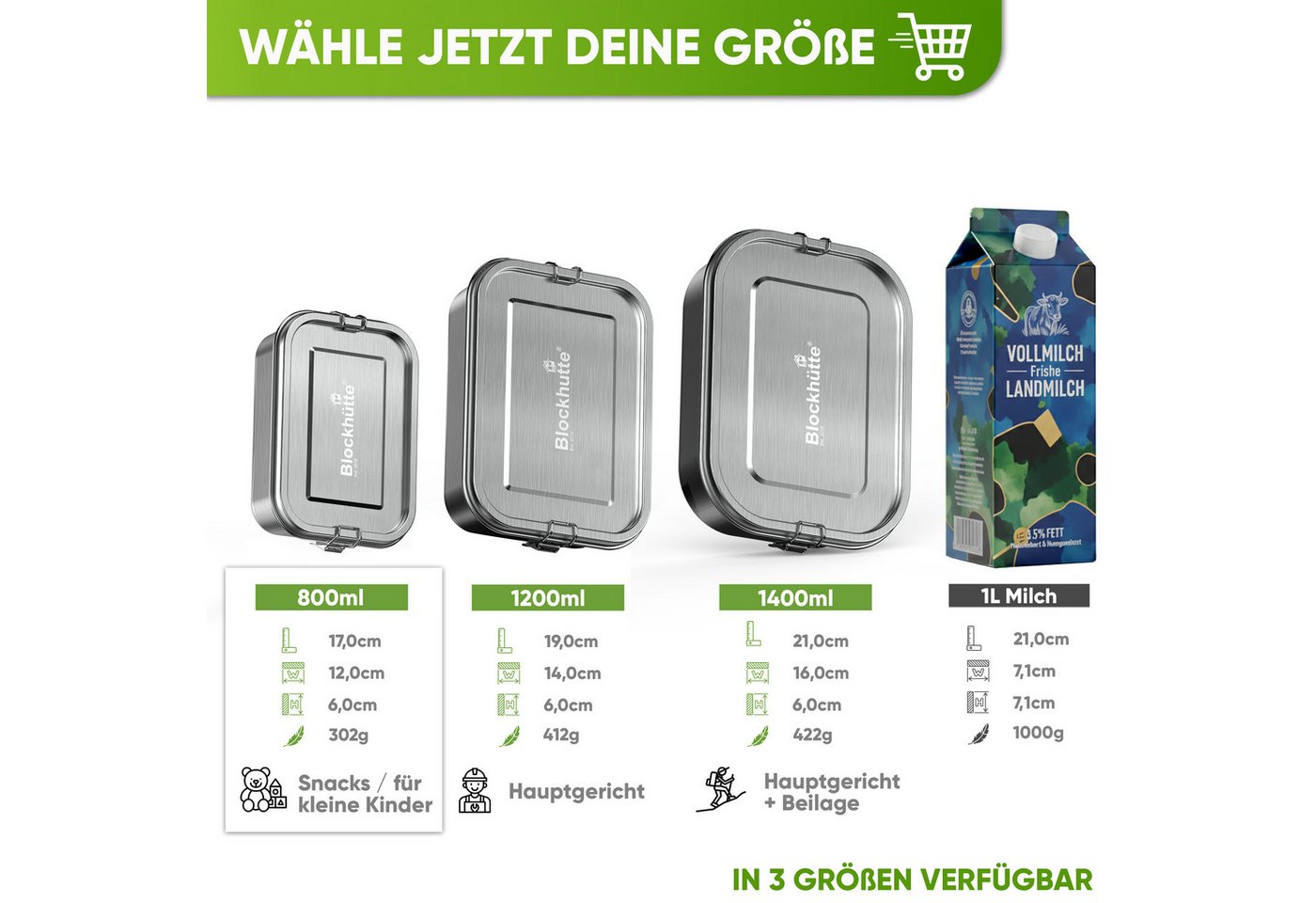 Blockhütte Lunchbox Edelstahl Brotdose mit Fächern - Lunchbox Erwachsene - Brotdose Kinder, Edelstahl, Auslaufsicher, Stapelbar – Bild 2 von 5