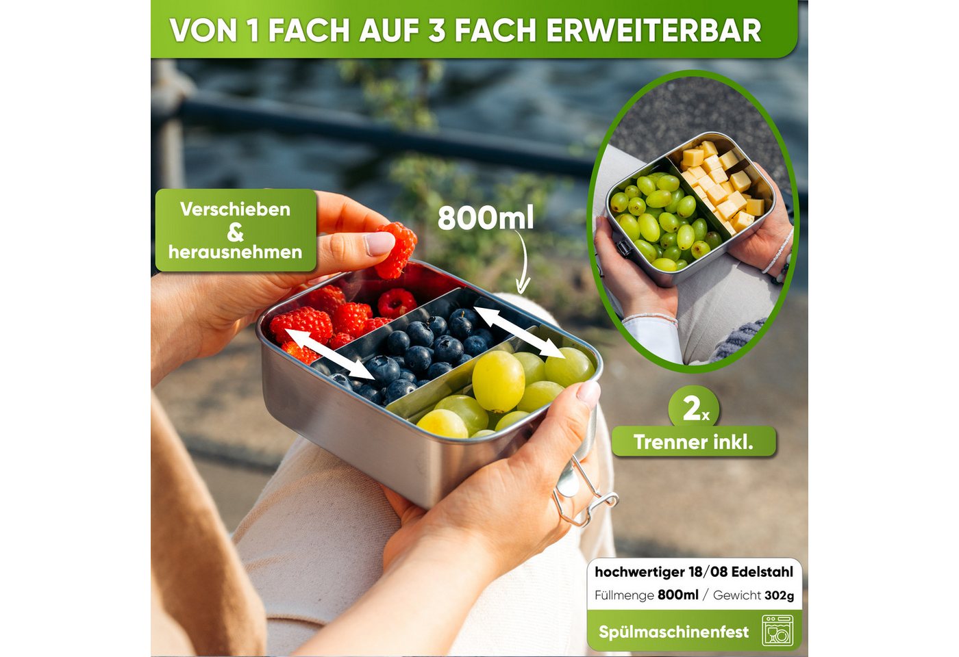 Blockhütte Lunchbox Edelstahl Brotdose mit Fächern - Lunchbox Erwachsene - Brotdose Kinder, Edelstahl, Auslaufsicher, Stapelbar – Bild 3 von 5